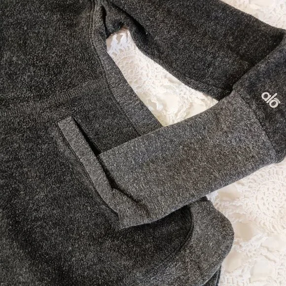 Alo Hoodie Sweatshirt Gray Pullover Fur Lined Hood Kangaroo Pocket Large Women L - Picture 2 of 11